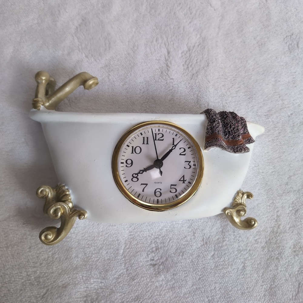 Clawfoot Bathtub Wall Clock White Gold Pink Towel Kitschy Bathroom Decor Quartz